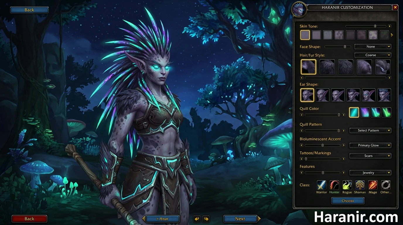 Haranir character customization menu - quills fur skin eyes teeth sliders for allied race creation in WoW