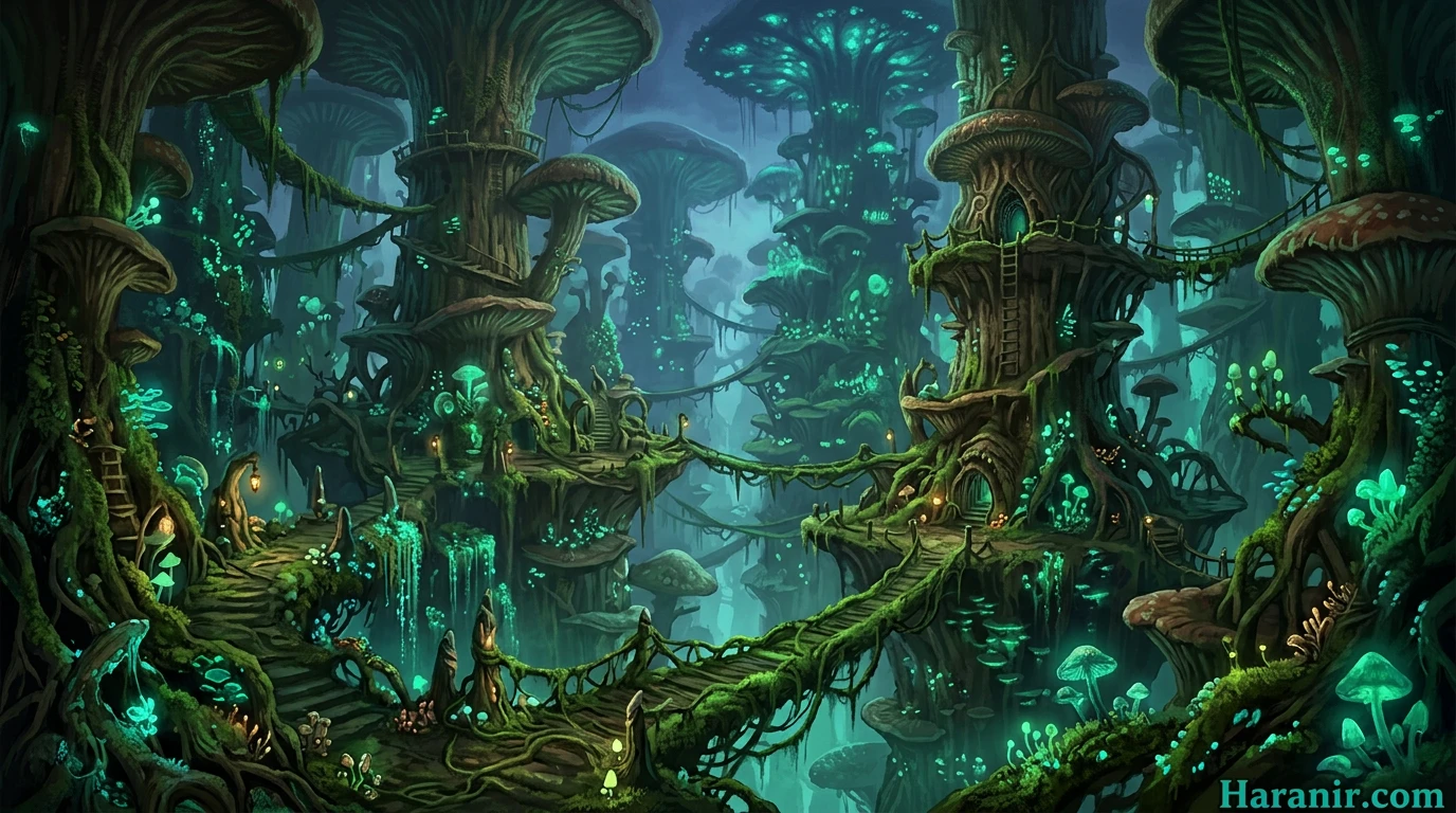 Harandar zone landscape - bioluminescent fungal jungle moss bridges and Haranir homeland landmarks