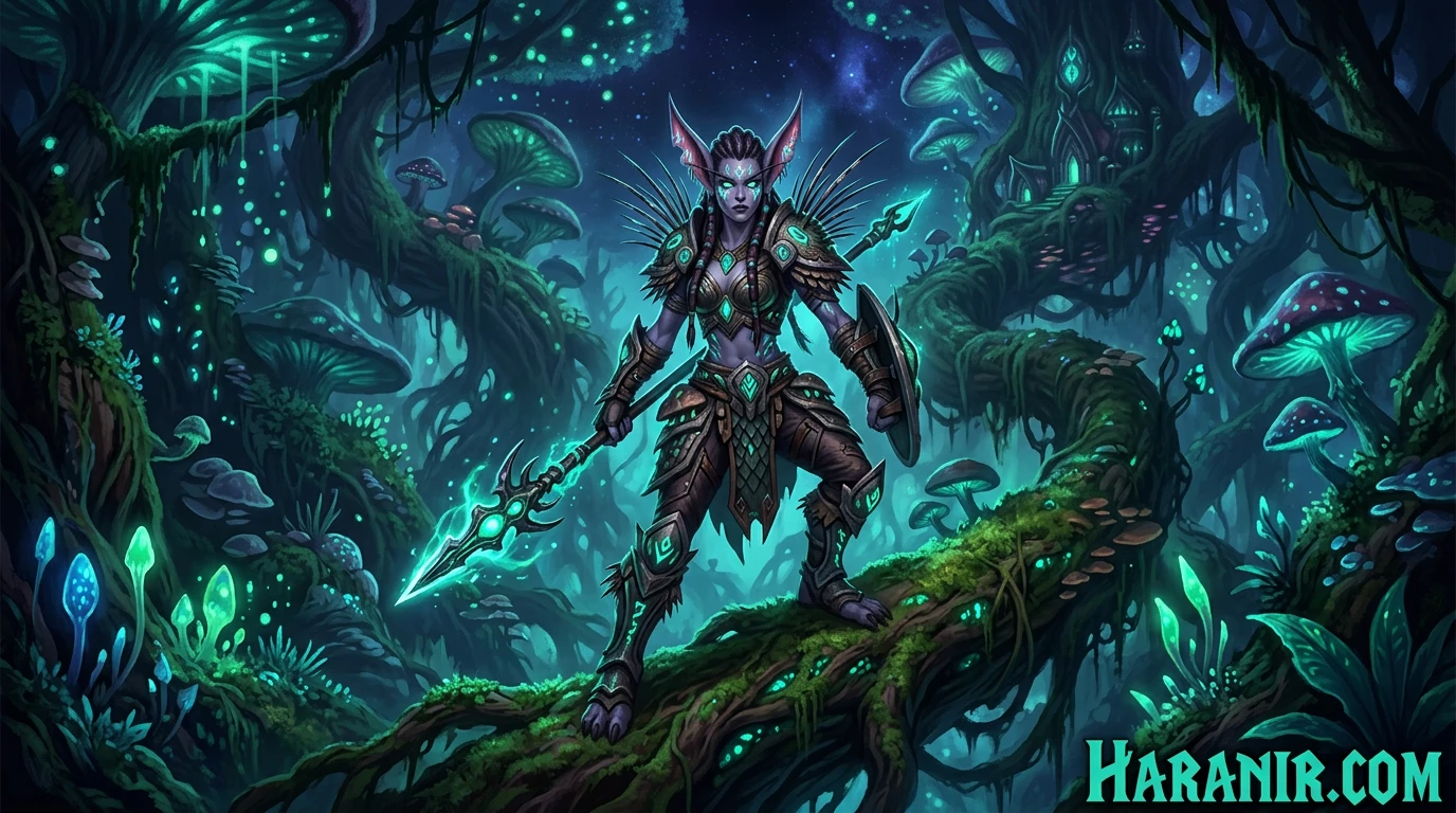 Haranir allied race hero scene in Harandar fungal jungle - WoW Midnight environment and race fantasy