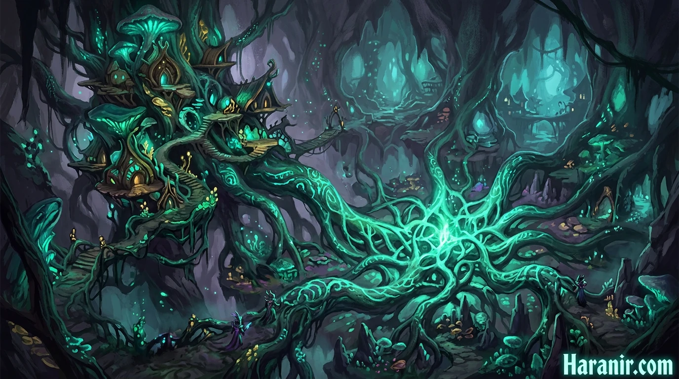 Harandar landmarks map - Grove of Whispers Root Chamber and major quest hubs in Haranir storyline