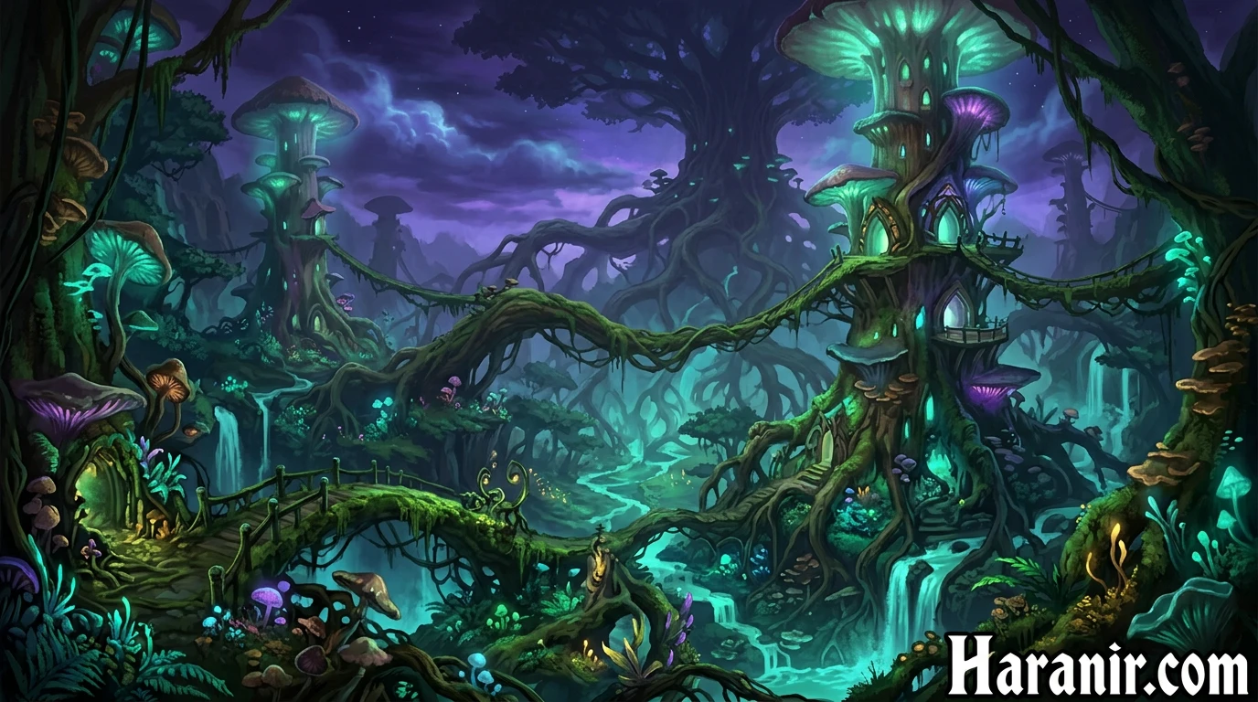 Harandar zone overview map - delves fungal towers and quest hubs for Haranir Midnight storyline